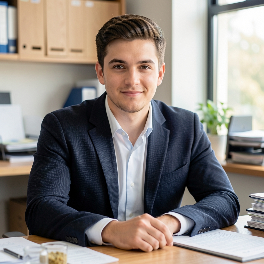Editorial portrait of Bintang Prasetyo, ingredient sourcing editor, seated at a wooden desk in a well-lit office with research materials visible