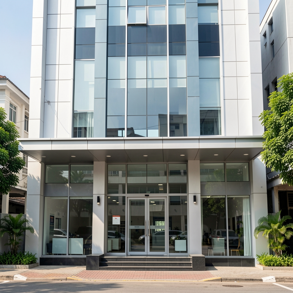 Editorial office building facade on Jl. Panglima Polim in South Jakarta, modern commercial building entrance in midday light