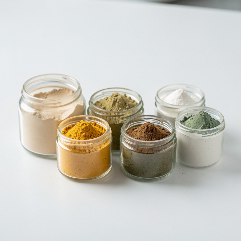 Mineral-rich natural ingredient powders in small glass containers arranged on a white surface in a clean workspace with controlled lighting